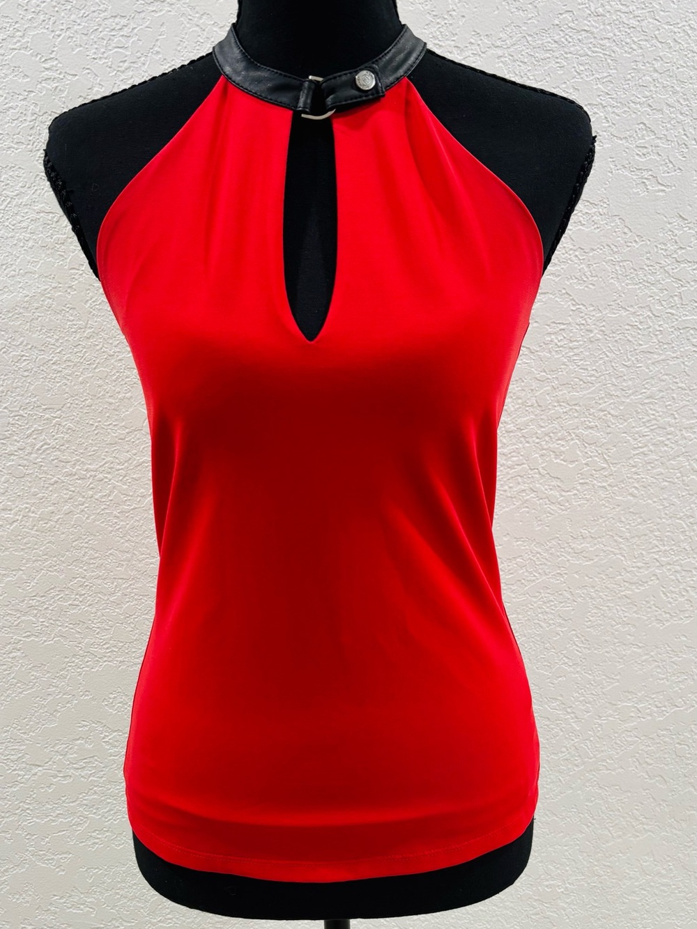 Michael Kors Red Halter Top with Black Faux Leather Collar